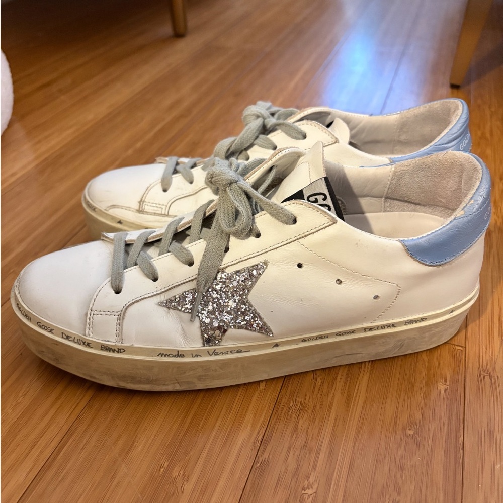 Golden Goose White/light blue Hi-Star Sneakers with Silver Glitter Star
